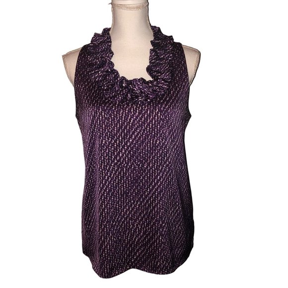 Ann Taylor Blouse Womens 6 Used Purple Cream Ruffled Neck - Picture 3 of 11